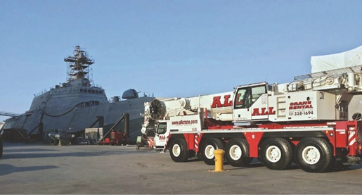 Crane in front of a large ship