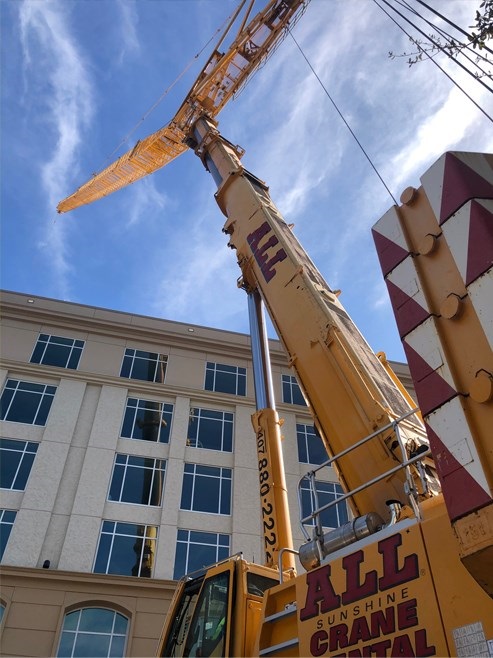 400-ton crane extends over hotel to set resort’s fully grown palm trees