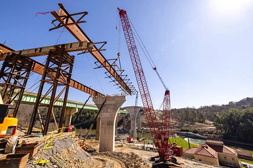 Manitowoc 18000 crawler crane working on a bridge