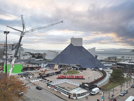 All terrain crane working at the Rock and Roll Hall of Fame in Cleveland