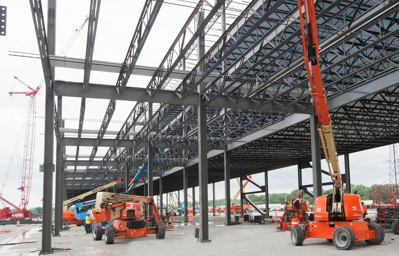 Multiple cranes on a job site after being bought from a crane sales company.